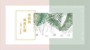 Green and pink contrasting business report PPT template for watercolor leaf background