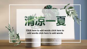 Eine PPT-Vorlage zum Thema „Kühler Sommer“ mit einem Hintergrund aus Blumentöpfen und Grünpflanzen