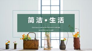 Baixe um modelo PPT para um tema inicial de estilo de vida minimalista com uma cesta de flores e fundo de bonsai