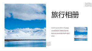 PPT-Vorlage für ein Reisealbum mit schneebedeckten Bergen und Seen im Hintergrund