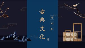 Pegunungan Biru, Sungai, Bunga dan Burung Latar Belakang Templat PPT Publisitas Budaya Klasik "Tao Li He" Gaya Cina Cantik Cina