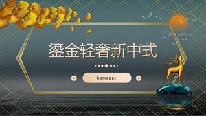 Patung Rusa Emas dengan Latar Belakang Daun Ginkgo, Template PPT Cina Baru yang Mewah dan Ringan