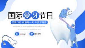 Sfondo medico blu dei cartoni animati per la pulizia dei denti Modello PPT della Giornata internazionale dei denti dell'amore