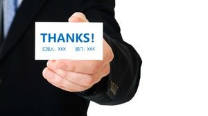 Blue business hand holding card thank you PPT end page