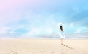 Blue beautiful seaside girl PPT background