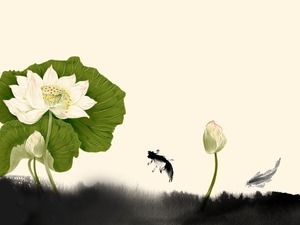 Image d'arrière-plan PPT avec étang de lotus d'encre verte et jaune
