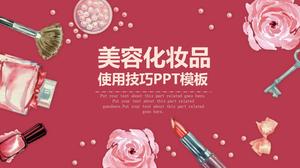 Red watercolor flower cosmetics background beauty PPT template