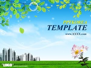 Blue sky and white clouds fresh bubbles green leaves grassland urban environment work report ppt template