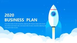 Cartoon small rocket straight into the clouds and waves creative flat work plan ppt template