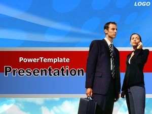Male and female business characters red and blue solemn business ppt template
