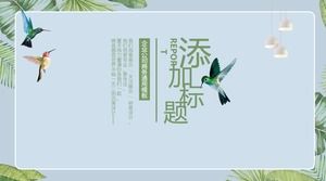 Fresh art PPT template of watercolor green leaf bird background