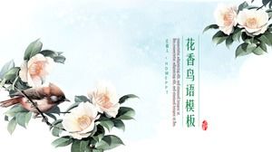 PPT шаблон цветочного и птичьего языка на фоне китайской живописи