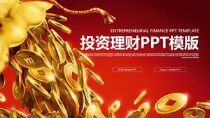 Template PPT dari investasi manajemen keuangan dengan latar belakang kantong uang koin emas