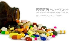 Plantilla PPT de la industria médica con pastillas de colores y cápsulas de fondo