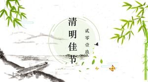 Șablonul PPT Festivalul Qingming de fundal de barcă de bambus de cerneală