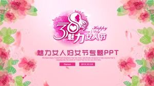 Template PPT dari acara Hari Perempuan 8 Maret dengan latar belakang cat air merah muda