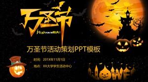 Template PPT perencanaan acara Halloween dengan latar belakang kastil hitam