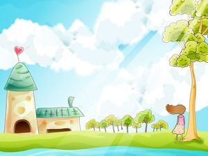 新鮮な漫画の青い空と緑の木のPPT背景画像