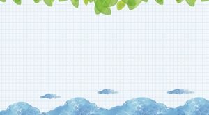 Watercolor fresh blue grid green leaf PPT background picture