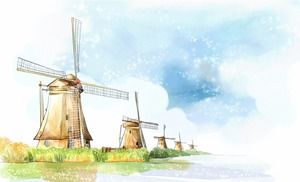 Six dessins animés aquarelle château moulin à vent PPT images de fond
