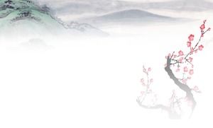 3つの水墨画、山、梅の花PPT背景画像