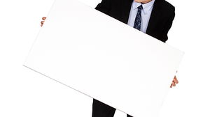 Background picture of a business character holding a whiteboard in hand