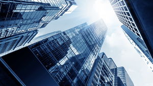 藍色商業建築高層建築的PPT背景圖片