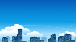 青い漫画のフラットな都市の建物のPPT背景画像
