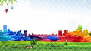 彩色渲染城市剪影PPT背景圖片