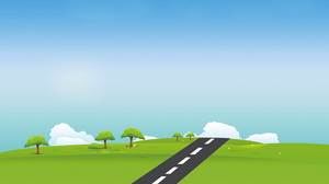 Cartoon blue sky and white cloud grass road PPT background picture