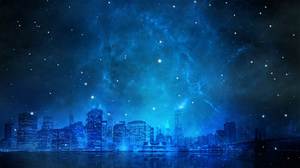 蓝色的星空下的城市的PPT背景图像