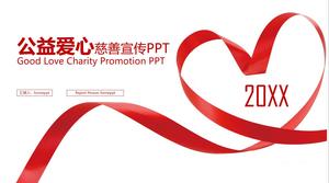 Cinta PPT promosi kesejahteraan sosial template dengan latar belakang pita merah cinta