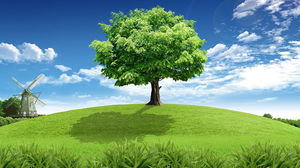 Imagine de fundal PPT a cerului albastru și a copacului verde al morii de vânt cu iarbă de nori albi