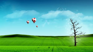 ภาพพื้นหลัง PPT ของท้องฟ้าสีฟ้าและบอลลูนอากาศร้อนหญ้าเมฆสีขาว