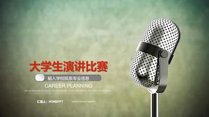 Template PPT dari kontes pidato mahasiswa di latar belakang mikrofon logam
