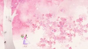 Две розовые красивые нарисованные вручную вишневые цветы PPT фоновые рисунки