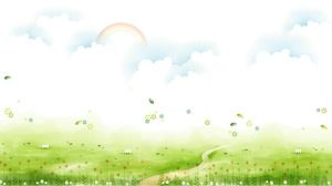 Imagen de fondo PPT de dibujos animados de arco iris de nube blanca de hierba fresca