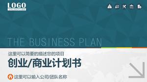 Template PPT rencana pembiayaan bisnis dengan latar belakang poligon biru dan panah abu-abu