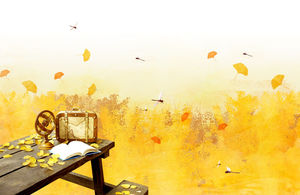 黃色彩繪背景書桌蜻蜓PPT背景圖片