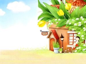太陽の花の大きな木の家漫画PPT背景画像
