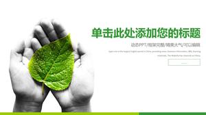 Modelo de PPT de proteção ambiental plana verde sobre fundo de folhas