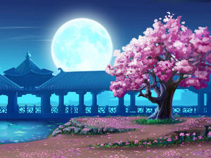 PPT Hintergrundbild des runden Mondes und der Kirschblüten