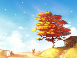 青い星空の下で大きな木の家の漫画のキャラクターのPPT背景画像
