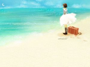 Image d'arrière-plan PPT de la jeune fille sur la plage