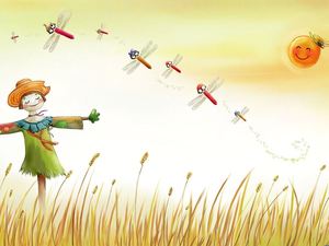 Imagen de fondo PPT de dibujos animados de espantapájaros viendo libélula en campo de trigo