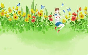 PPT背景圖片的女孩在夏天的花朵和蝴蝶一起玩