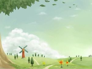 Descărcați o imagine de fundal cu diapozitive de desen animat a unei mori de vânt în mediul rural