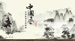 Modèle ppt de rapport de résumé de travail de style chinois paysage paysage d'encre