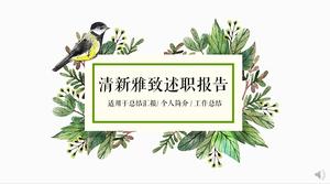 Ptaki, gałęzie i liście, zielony styl literacki, świeży i elegancki szablon raportu podsumowującego ppt