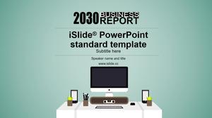Business desk scene main picture cartoon small fresh work summary report ppt template